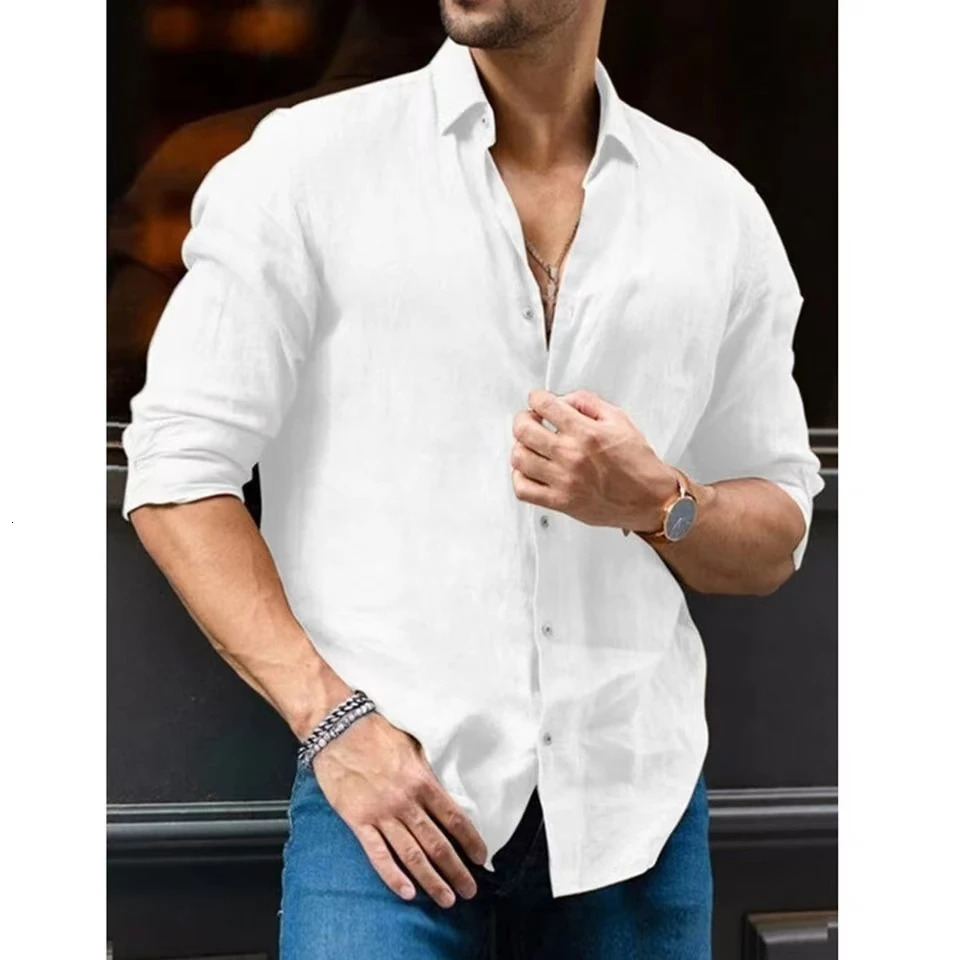 Mens Shirts Cotton Linen Lightweight Lapel Collar Hawaiian Shirt Casual Slim Shirt Male Long Sleeve Tops Shirt Blouse 250606