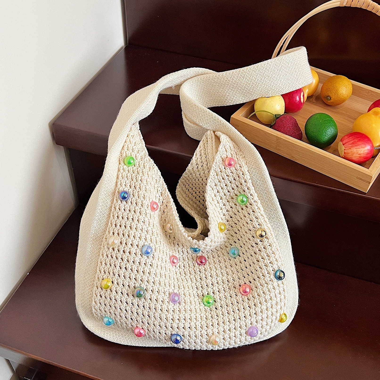 designer 2025 Trendy New Lazy Style Woven Women's Bag Large Capacity Versatile Knitted Bag Pearl Hollow Underarm Shoulder Bag for Women