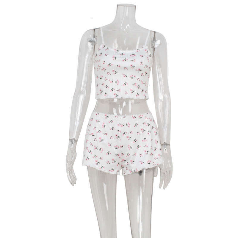 Women's New Fashion Sleeveless Camisole Shorts Set Fresh Floral Waist-Exposing Homewear Pajamas B5
