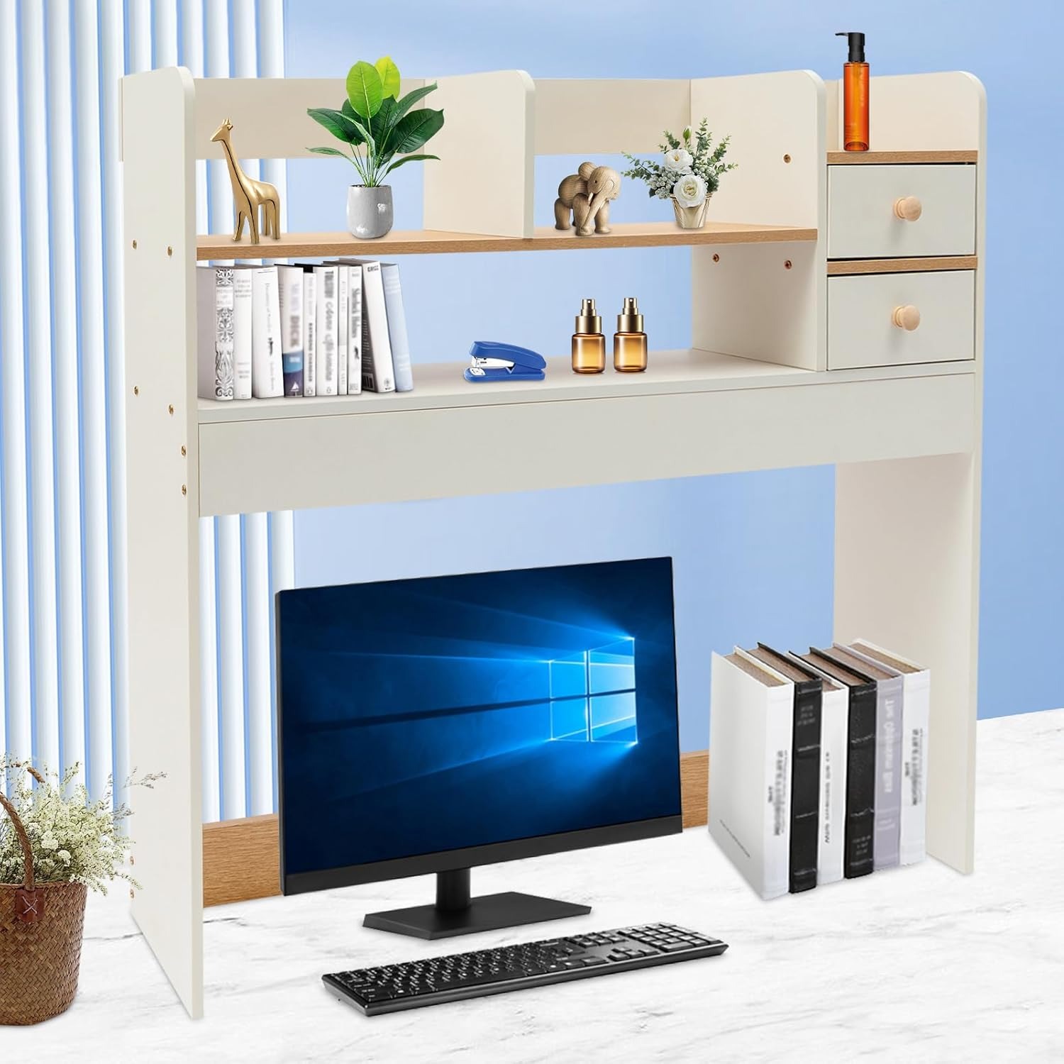 3-Tier Desktop Bookshelf Countertop Storage Desk Hutch for Computer Desk, Multipurpose Desktop Organizer Shelf with 2 Drawers Office Supplies Home Des