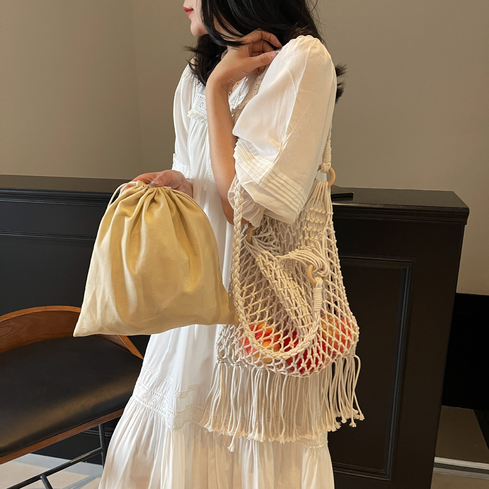 designer 2025 New Mesh Shoulder Underarm Bag Simple Woven Cotton Rope Bag Hollow Fishnet Bag Beach Vacation Tot