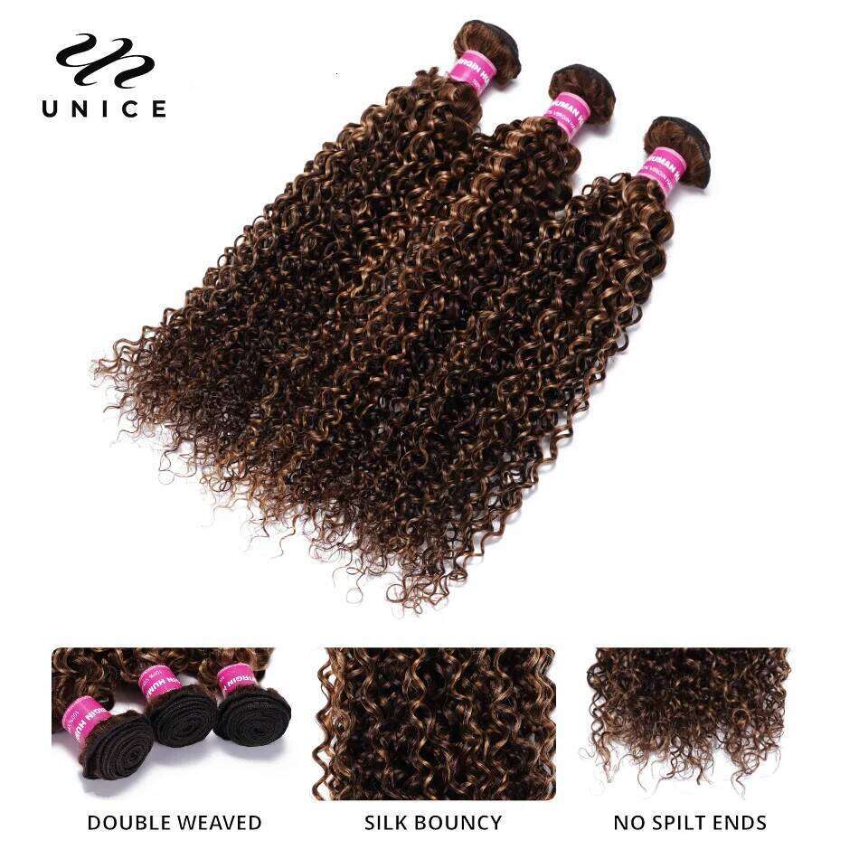 UNice Highlight Blonde Curly 2/3/4 100% Human Hair Lace Closure With Bundles Sew In Quick Weaves