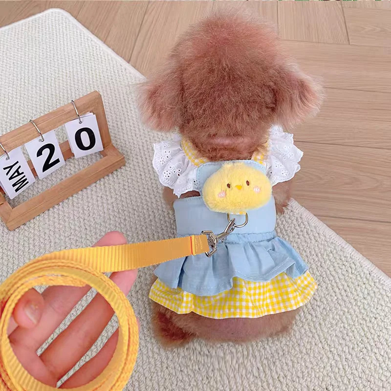 Cotton Girl Boy Collar Accessories For Small Dogs Yellow Pink Pet Outdoor Walking Cat Kitten Harness Dress With Plaid Apparels 250609