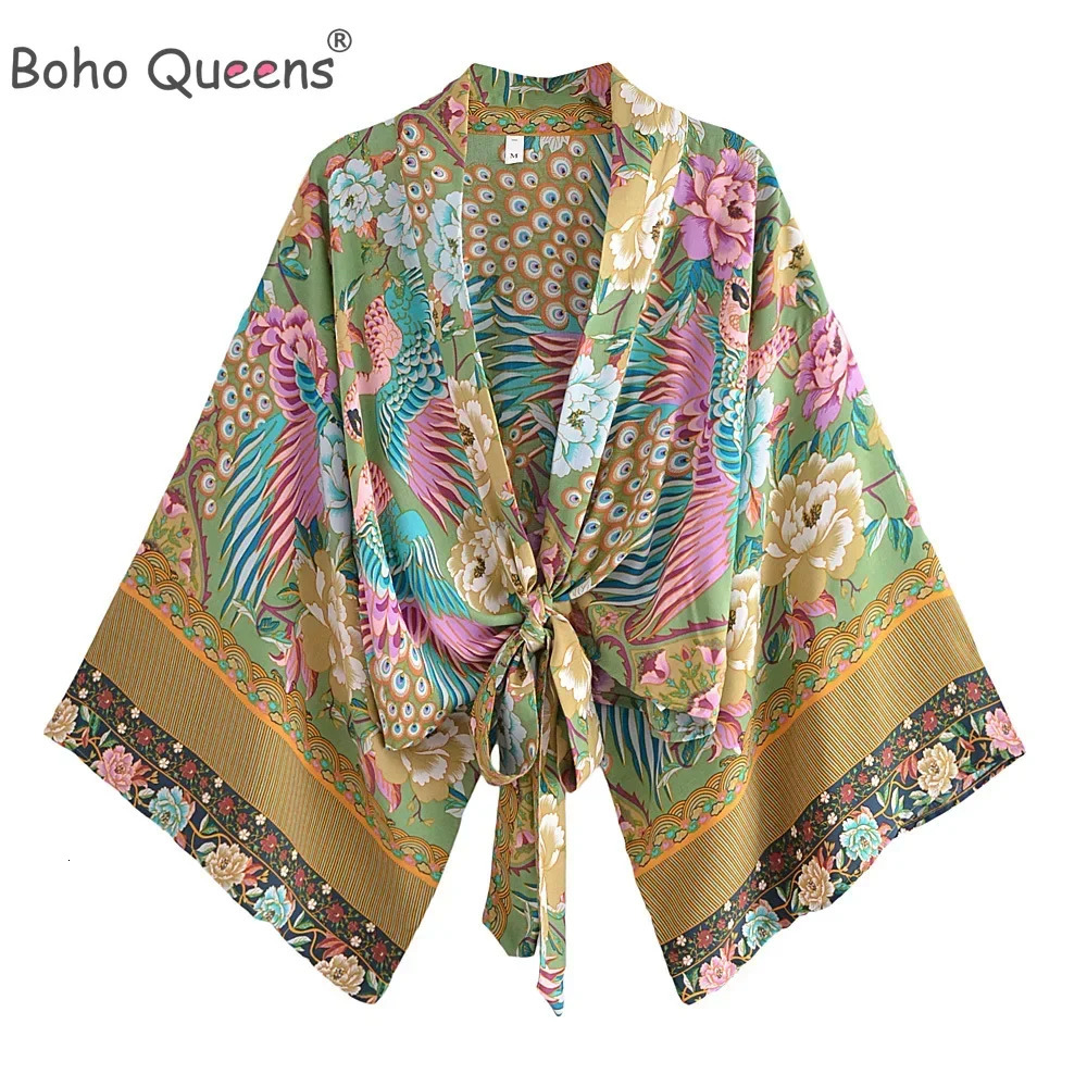 Boho Queens Peacock Short Robe Kimono Swimsuits Women Fashion Floral Batwing Sleeves Rayon Bohemian Bikini Cover Ups Beachwear 250606