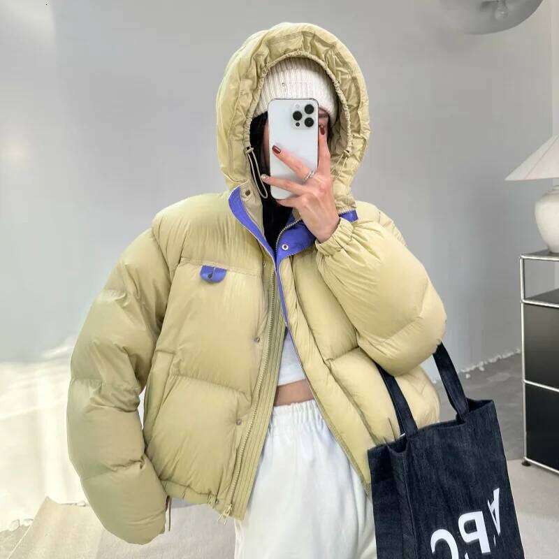 Female 2024 White Duck Thickened Hood Clothes Korean Version of The Color Collision Winter Down Jacket