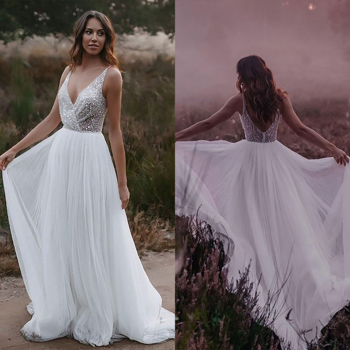 Sequined Beach Wedding Dresses A Line V Neck Bride Gowns Sleeveless Custom Made Formal Bridal Dresses for Birthday Party Engagement