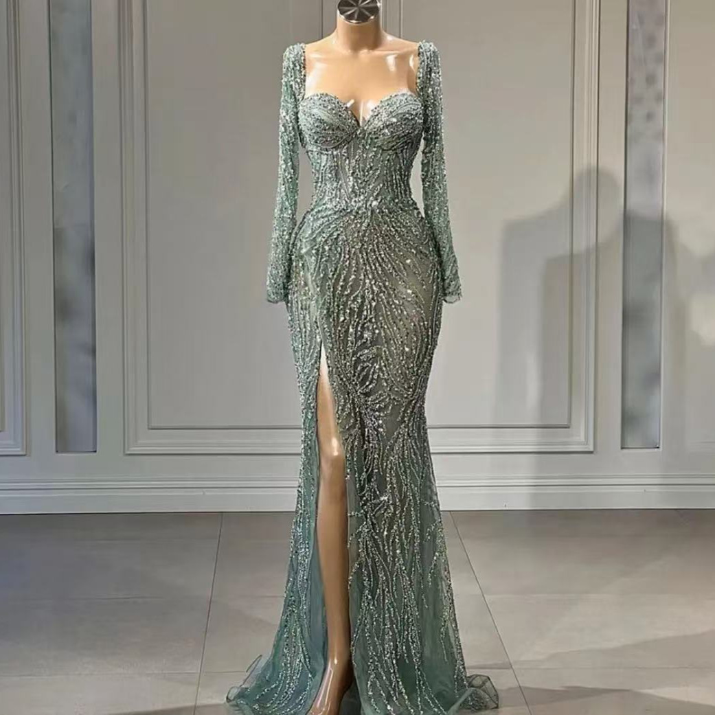 Exquisite Mermaid Evening Dress Square Neck Sequins Beaded Prom Gowns Side High Splits Floor Length Formal Dresses Customized