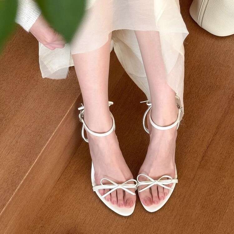 High Heels 2025 Summer New French Style Bow Round Strap Open Toe Stiletto Elegant Sandals for Women
