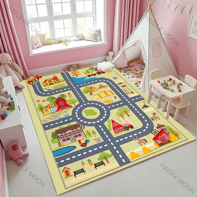 1PC Kids Play Rugs - City Pretend Play - Car Track Rug for Living Room Bedroom Picnic Camp Mat Crawling Rugs Door Mat Gift y250609JC5D