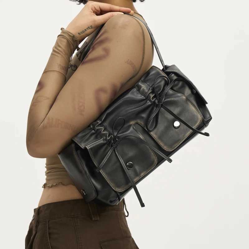 Moto biker Bags for Women Designer Handbags Nad Purses 2024 New In Distressed Pu Leatther Rivet Bow Underarm Shoulder Bag Z250609