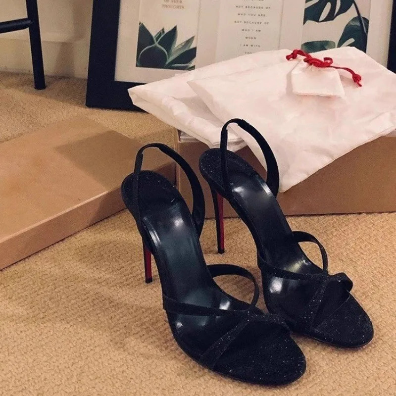 One Spaghetti Strap Sandals Black Sequins Womens Sense Dating Open Toe Thin High Heels 250606