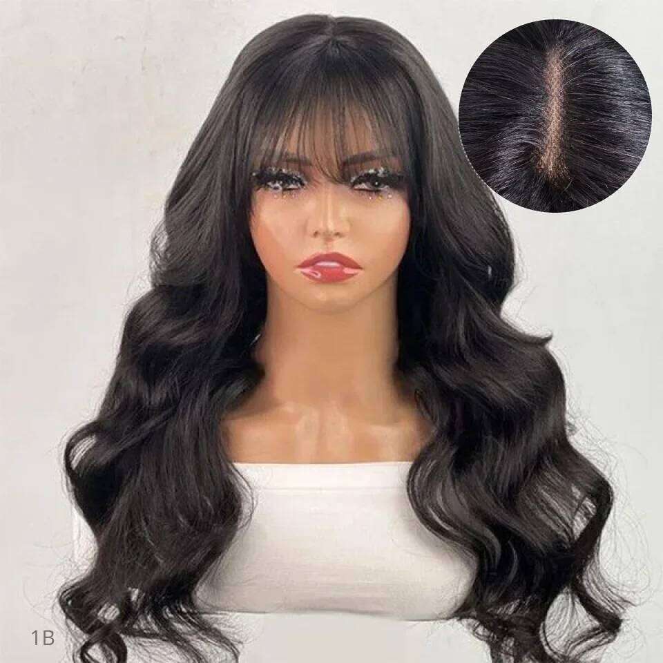 Peruvian Body Wave Lace Wig With Bangs For Women Natural Remy Fringe 22 Inches Realistic Scalp Human Hair Wigs