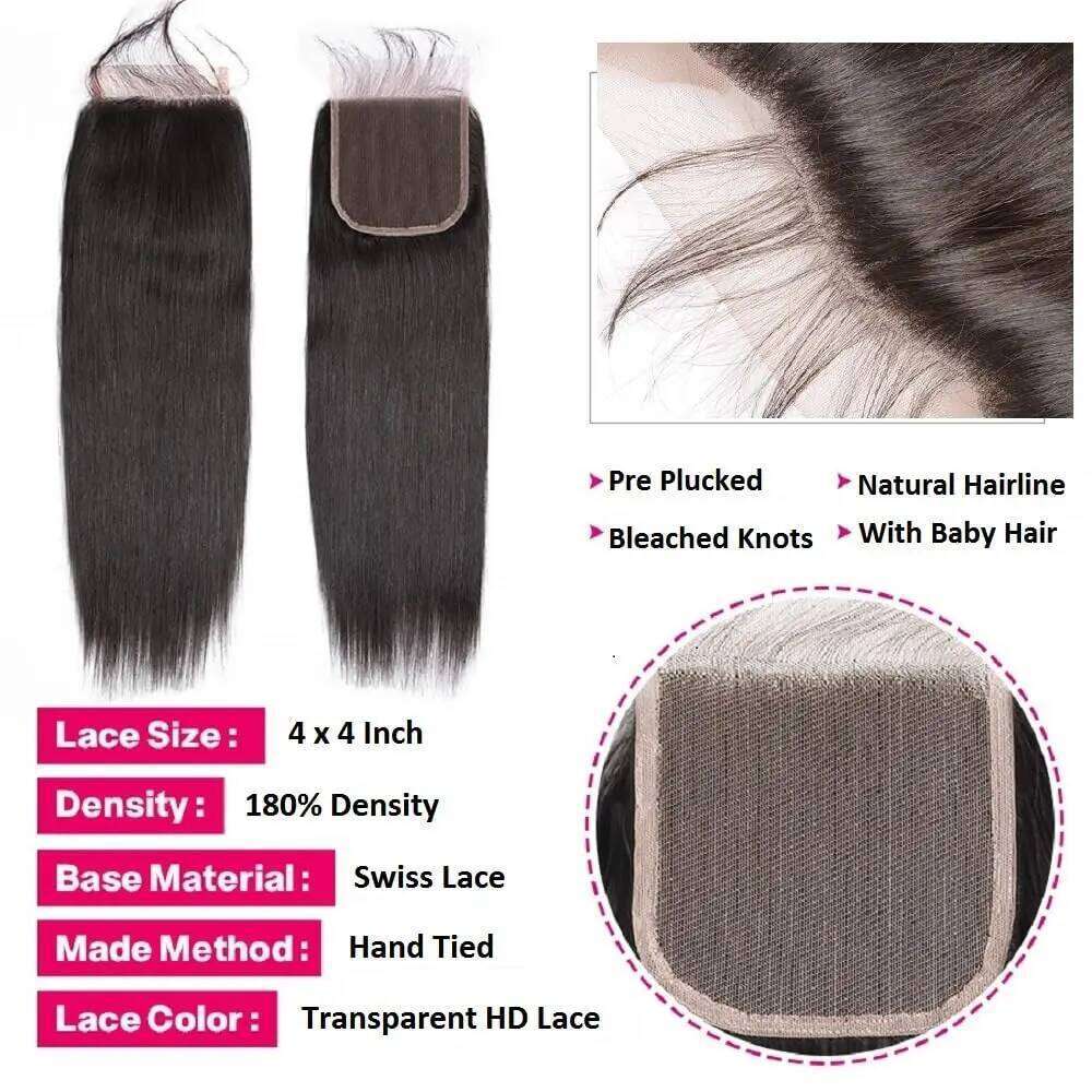 Brazilian with Straight Human With 4x4 HD Lace Closure 14A Black 3/4 Bundles Hair Extensions Remy