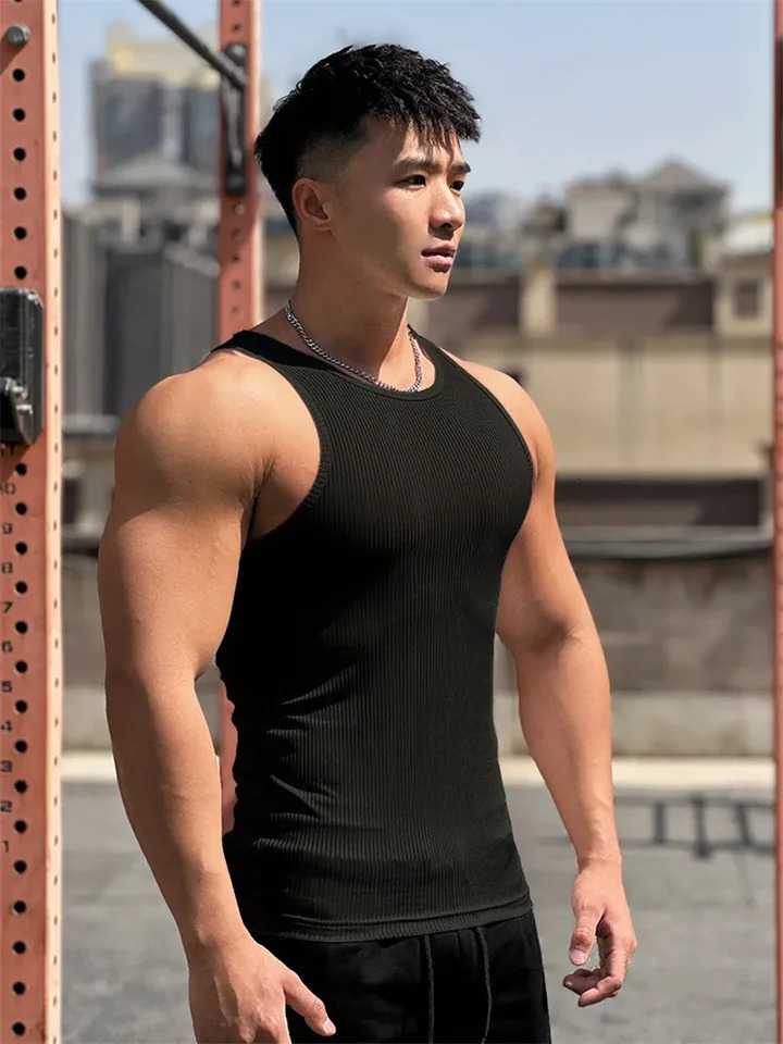 Men vest Elasticity stripe Round Neck Slim Fit Sleeveless TShirt Gyms Sports Fitness Running Training Bodybuilding Tank Top 250527