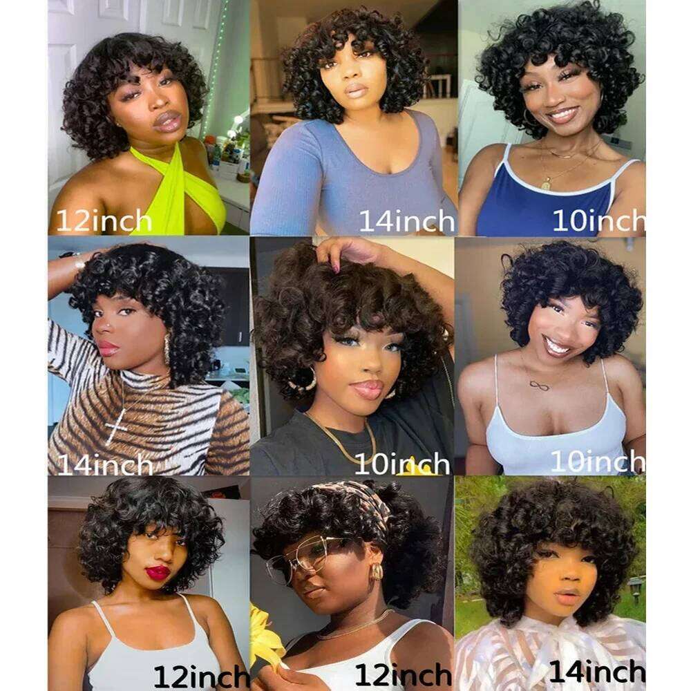 Fluffy Funmi Glueless Natural Short Bouncy Curly Bob Virgin Human Hair Wig with Bangs For Black Women