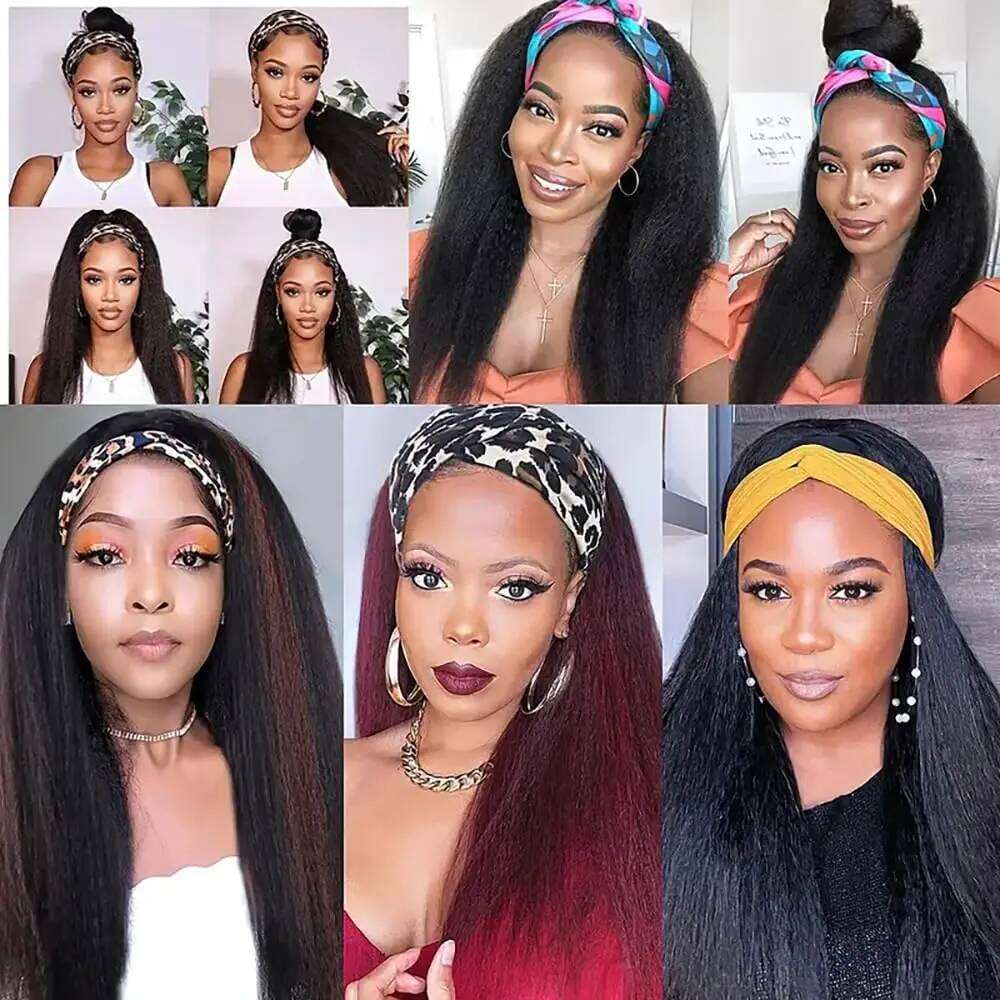 Kinky For Black Women 10-24" Yaki Straight Human Hair 180% Density hine Made Headband Wigs