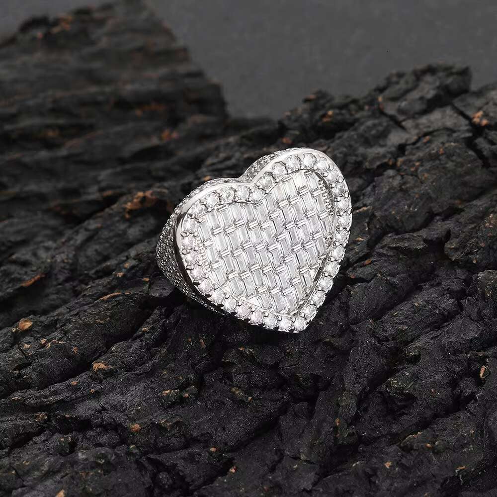 Nuoya Fine Jewelry Hip Hop Style Sterling Silver Ring with Iced Out Moissanite Heart Ring Design Gift