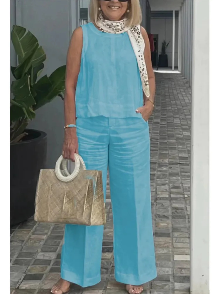 Summer Womens Cotton And Linen Suits Fashionable And Casual Sleeveless Tops Wide-leg Trousers Two-piece Set Womens Clothing 250606
