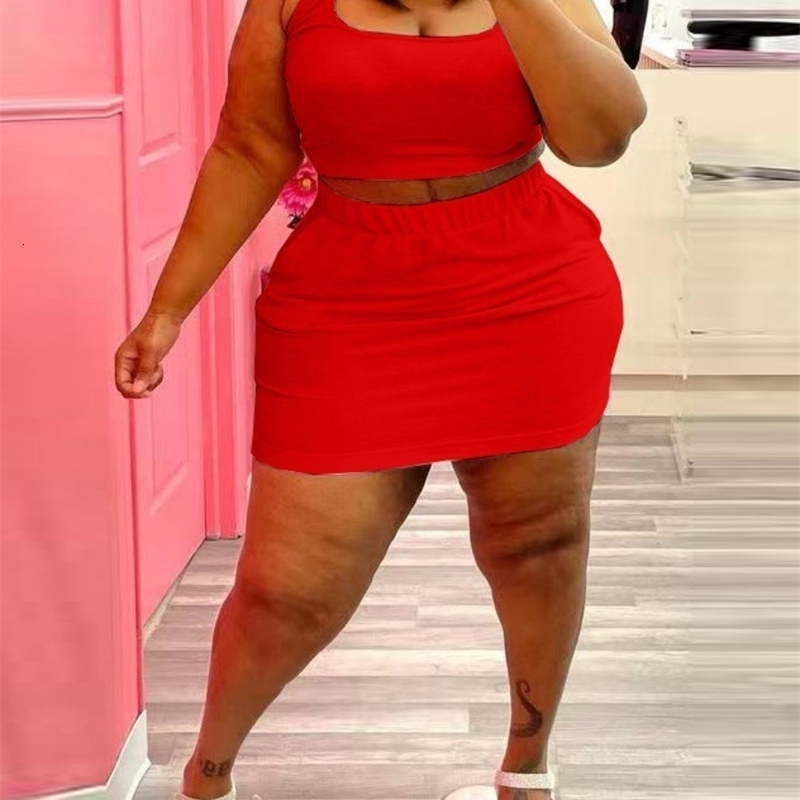 LW BASICS Plus Size Y2K Two Piece Sets Casual U Neck Elastic Wine Red Twopiece Skirt Set Sexy Rave Club Outfits For women 250527
