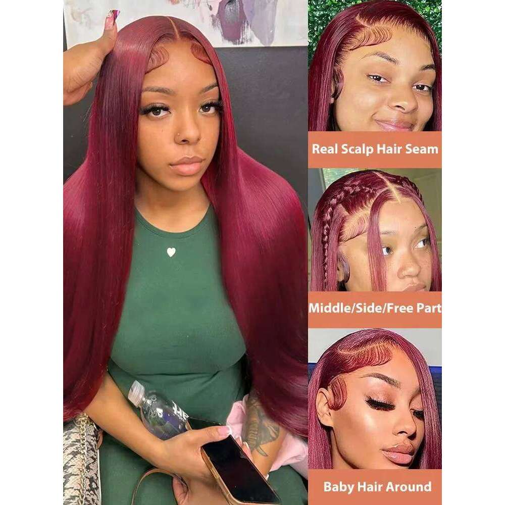 220 Density 99J Bury 13x6 HD Transparent Frontal Wig 13x4 Bone Straight Colored Lace Front Human Hair Wigs For Women