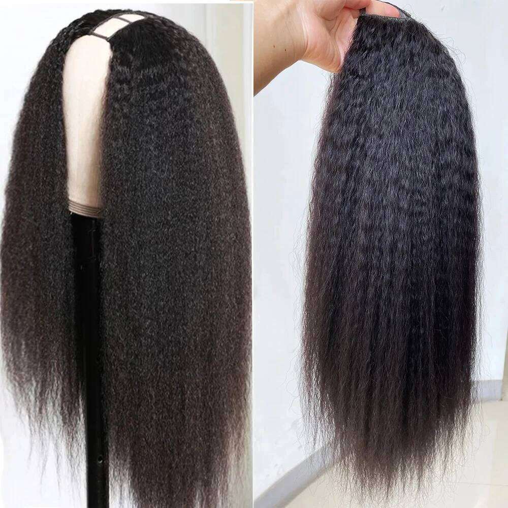 U Part Kinky Wigs Human No Leave Out 22 inches Brazilian Hair V Shape Yaki Straight Wig Natural Color Easy Wear