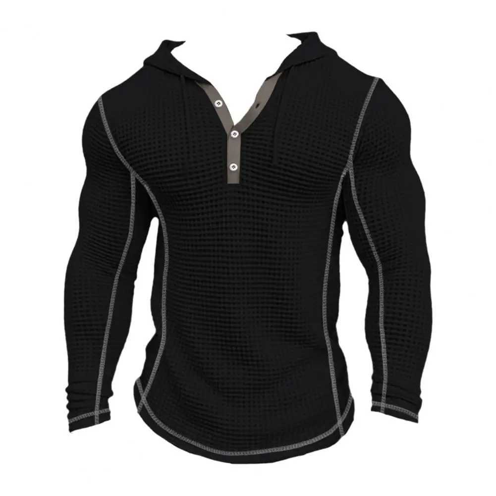 Breathable Waffle Fabric Sweatshirt Stylish Mens Waffle Cotton Hoodie Slim Fit Button Closure Breathable Long for Fashionable Z250621