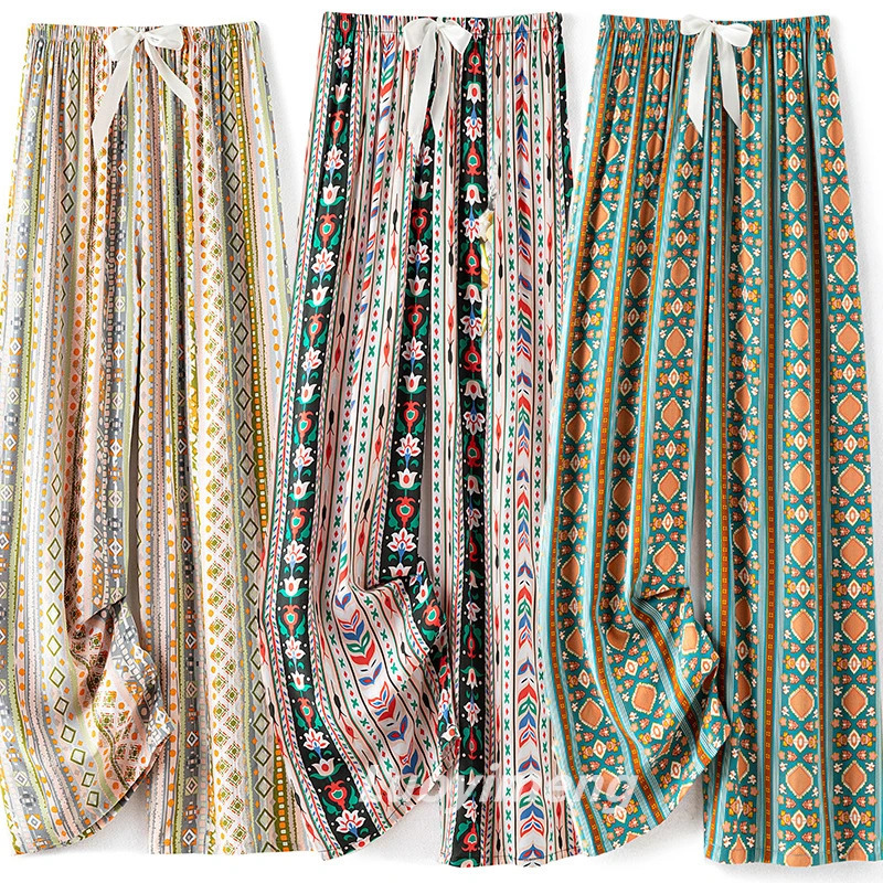Women Casual Autumn Wide Leg Floral Beach Trousers High Waist Boho Ethnic Style Calf Pants Four Season Girls Home Clothes Z260314