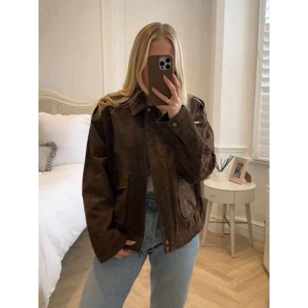 Vintage Suede Zipper Bomber Jacket For Women Spring New Elegant Lapel Motorcycle Long Sleeve Coats Female Street Chic Outerwear