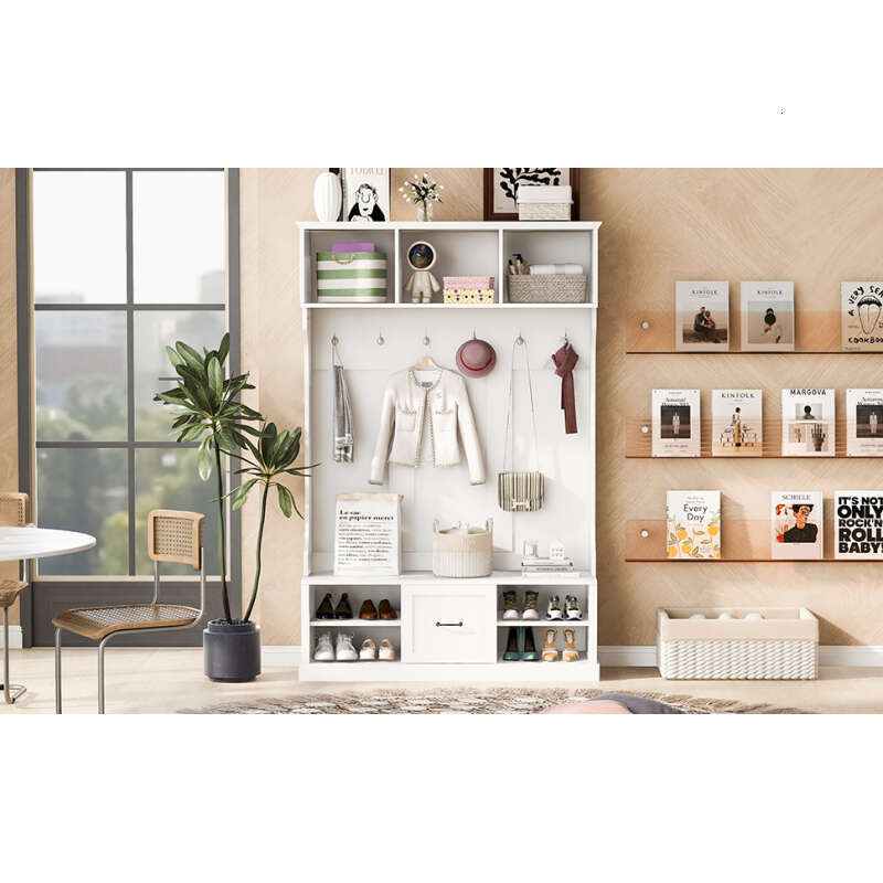 U-Can 57'' Hall Tree with 6 Hooks, Coat Hanger, Entryway Bench, 3-in-1 Design, A Spacious Drawer for Entrance, Living Room