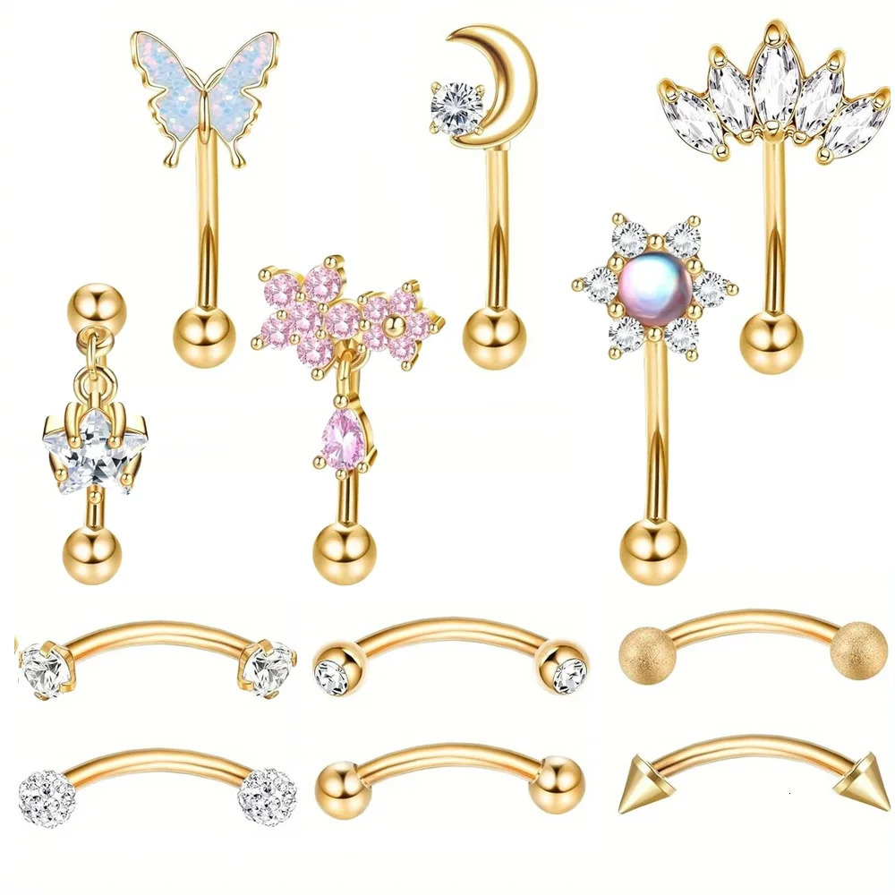 Bobisty Eyebrow Tragus Studs Stainless Steel Curved Barbell Dangle CZ Belly Lip Cartilage Daith Surface Piercing Jewelry 250606