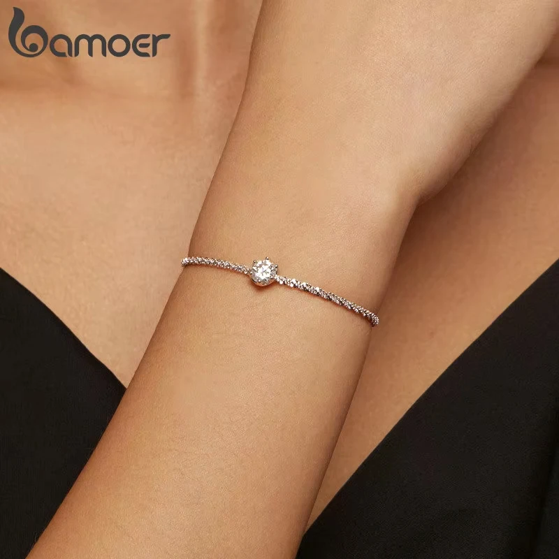 BAMOER Round White Moissanite Bracelet for Women, 1 CT Lab Grown Diamond 925 Sterling Silver Elegant Bracelet