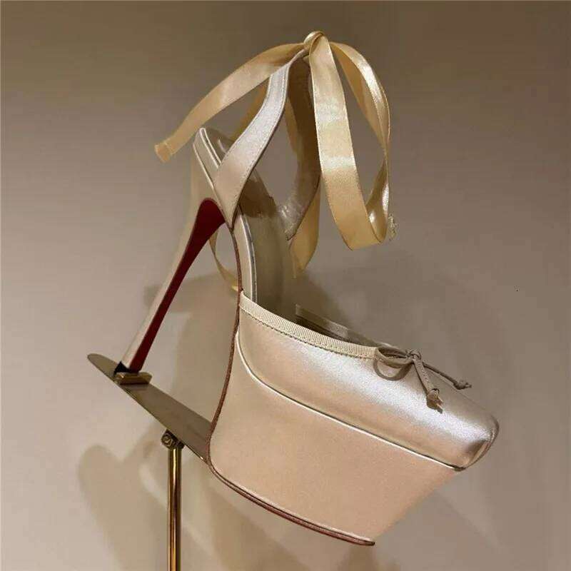 Women Lace-Up High Heeled Shoes for Woman's Square Toe Thin Heels Platform Pumps Mujer Pleated Slingback Wedding Sandals