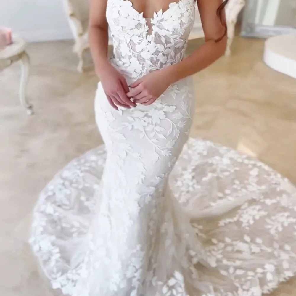 Elegant Bohemian Lace Mermaid Wedding Dresses Sweep Train Sweetheart Sleeveless Long Beach Bridal Gown Back Lace-up Corset