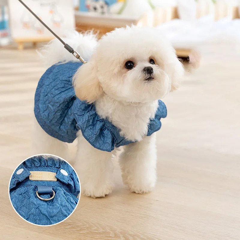 Denim Dog Dresses for Small Dogs Puppy Girl Clothes with Leash Ring Flying Sleeves Summer Cat Apparel Blue Chihuahua Outfits 250609