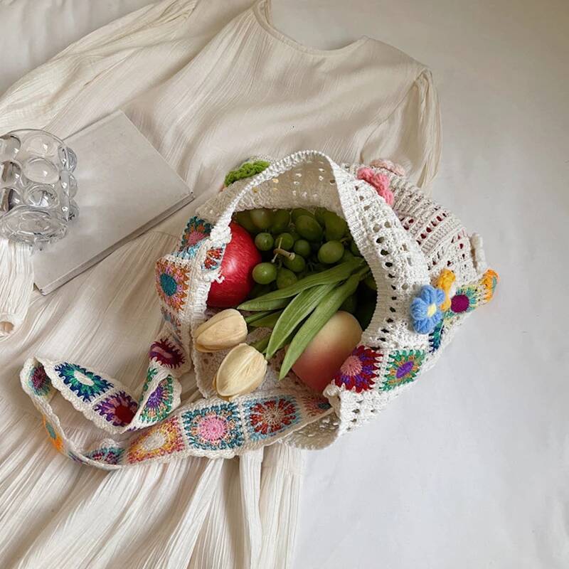 Large Capacity Boho Tote Bag Trendy Floral Crochet Vintage Multicolor Cut-out Knitted Handbag Fashionable Hollow out