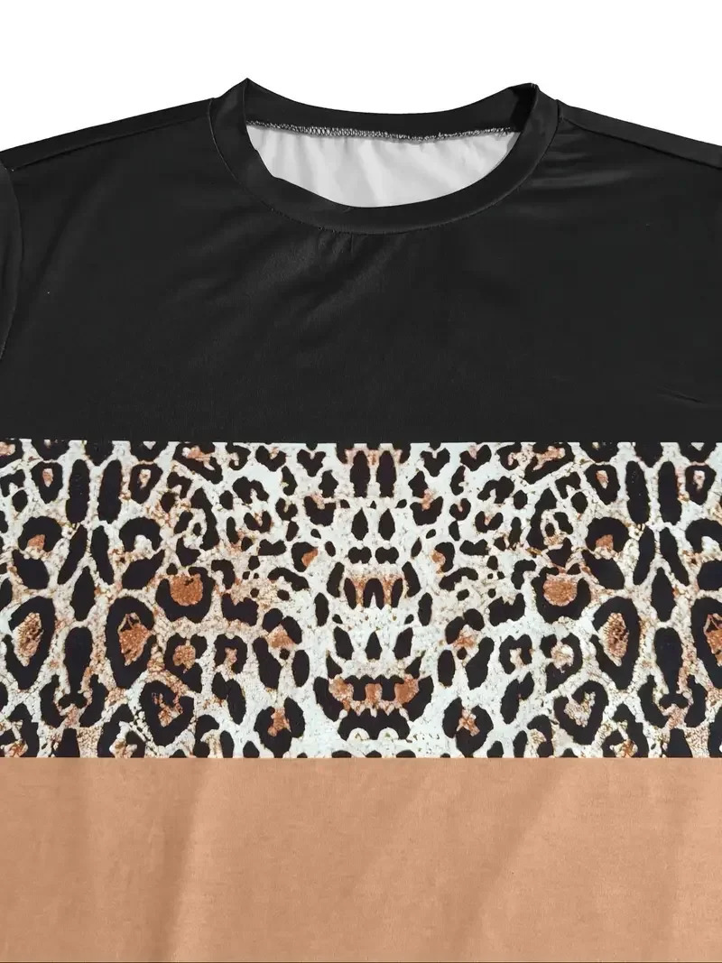 Plus Size 1XL5XL Women Fashion Leopard Print Two Piece Set Outfit Ladies Casual Long Sleeve Contrast Color Tops and Pants 250603