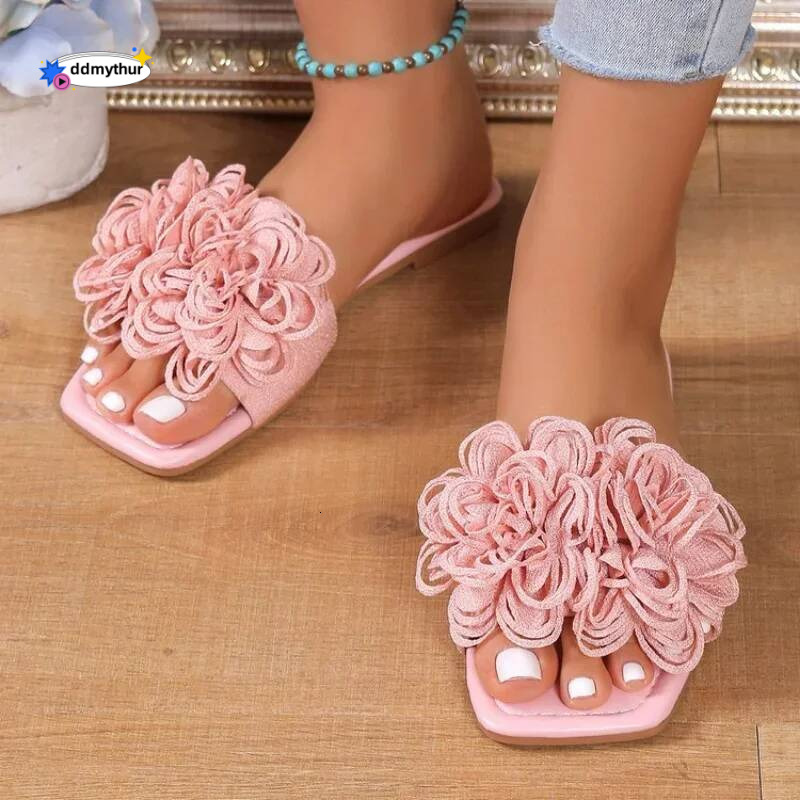 Women Flower Flat Slippers Casual Walking Shoes Female Summer Fashion Dress Sandals Outdoor Pink Shallow Zapatillas Mujer ddmythur