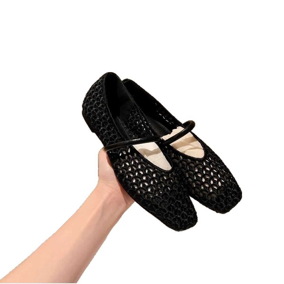 French Square Toe Hollow Woven Strap Shallow Mouth Casual Versatile Elegant Mary Jane Shoes