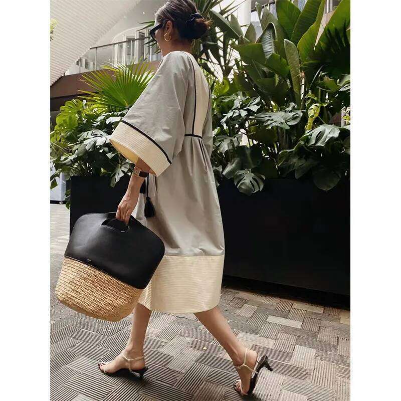 Bohemian Patchwork Dress Mid Length Shirt Skirt Ethnic Style Loose V-Neck Seaside Vacation Early Spring