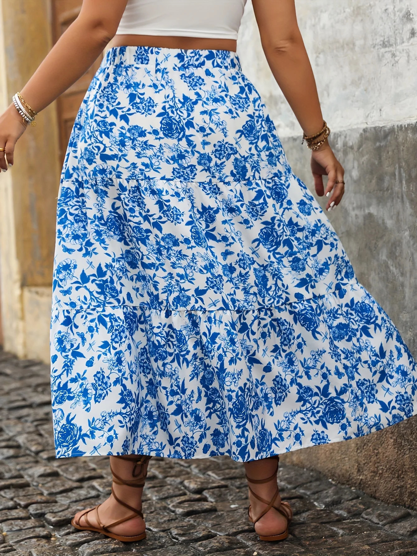 Plus Size Women Elegant Floral Print Skirt Casual Fashion Loose High Waist Long Vintage Midi Aline Skirts 250530