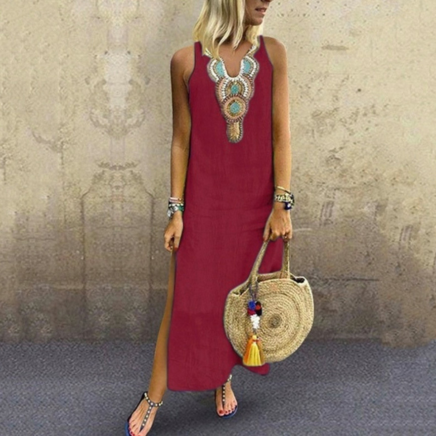 2022 Summer Loose Cotton Hemp Bohemian Sexy Sleeveless Deep V-Neck Embroidery Dress Women