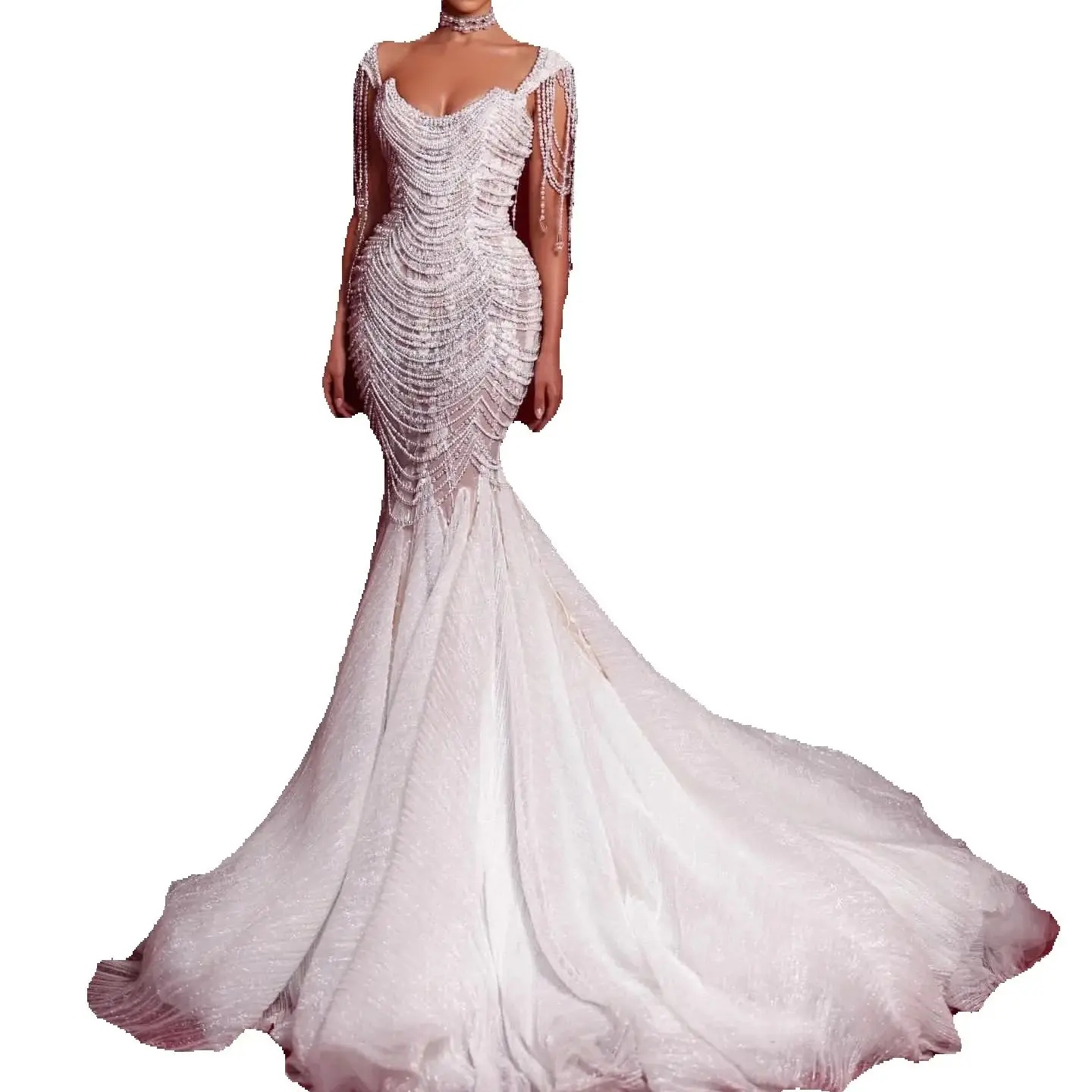 Luxury Pearls Wedding Dress Elegant Short Sleeve Lace Mermaid Bridal Gown Fashion Tassels Floor Length Bride Dresses Customized