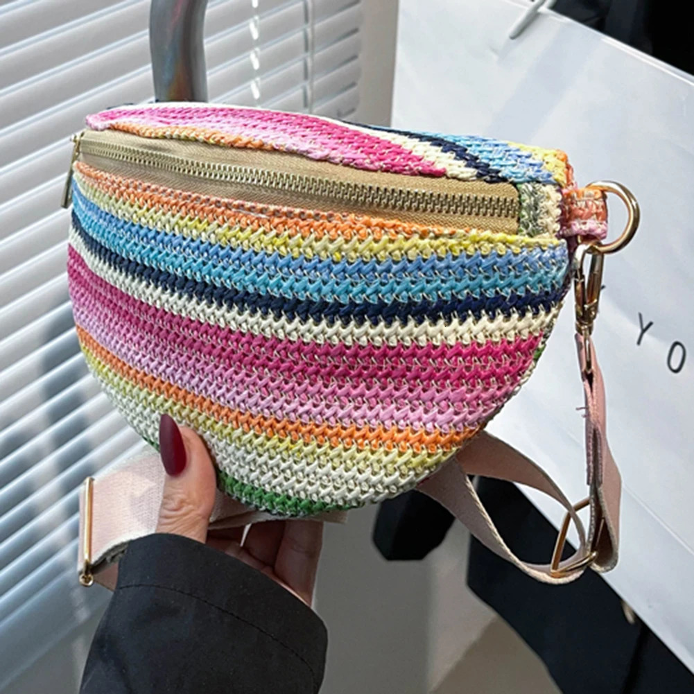 Rainbow Striped Fanny Pack Bum Bag Fashion Straw Woven Waist Bag Adjustable Strap Simple Portable Colorful for Weekend Vacation 250603