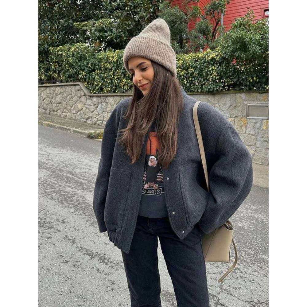Loose Bomber Jacket For Women 2024 Spring Long Sleeve Pocket Coats Female Stand Collar Single Breasted Street Outerwear