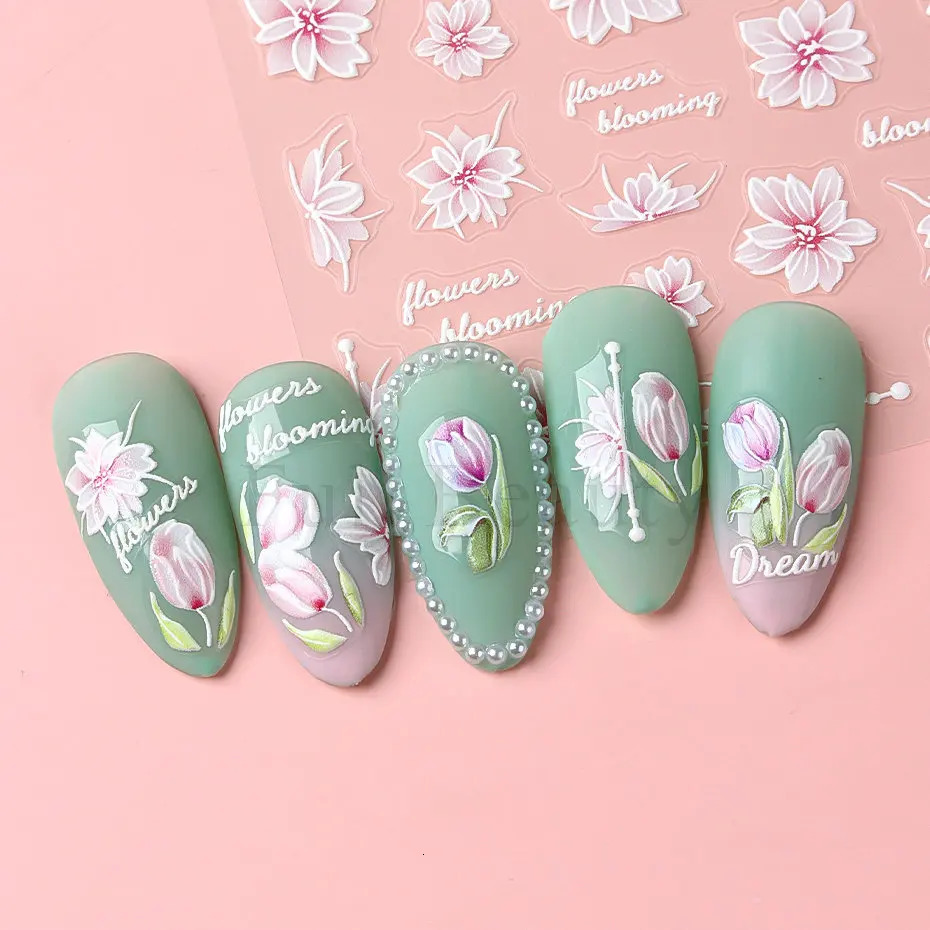 1Pcs Sakura Stickers For Nails 5D Embossed Spring Cherry Blossom Tulip Peony Flowers Petals Sliders Manicure Decoration LAPro010 250605