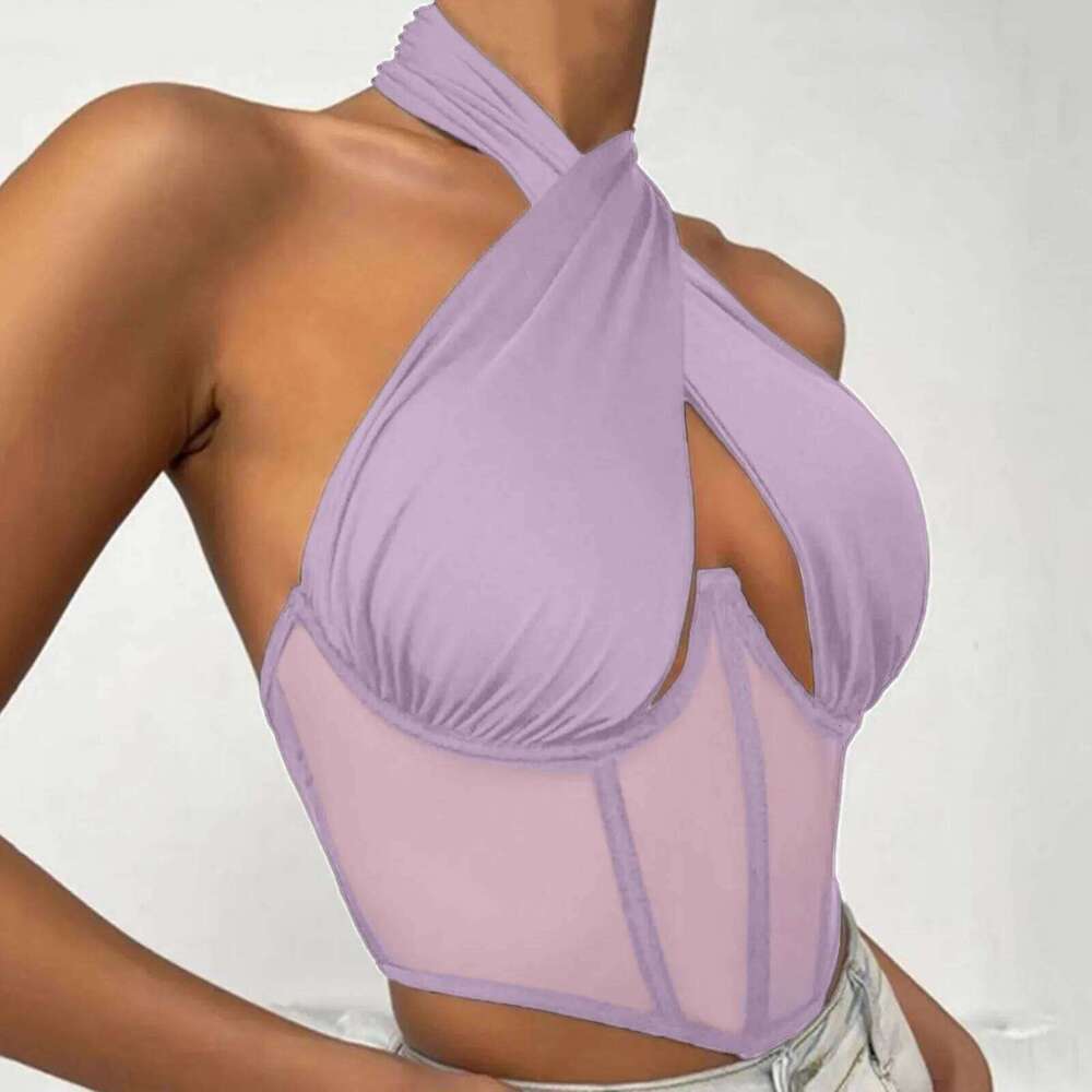 Sexy Cotton Stretch Tops For Women Cross Halter Blouses Fashion Sleeveless Hollow Out Irregular Neckline Tank Top