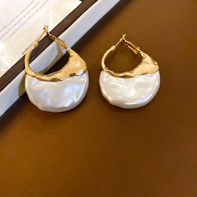 Elegant Geometric Hoop Earrings with Faux Pearl Gold Tone Metal Sterling Silver Needles French Inspired Minimalist Statement Jewelry for Women