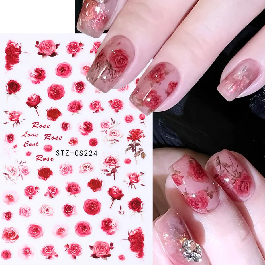3pcs Vintage Rose Nail Art Stickers Watercolor n Romantic Floral Decals Valentine Manicure Sliders Adhesive Decor 250605