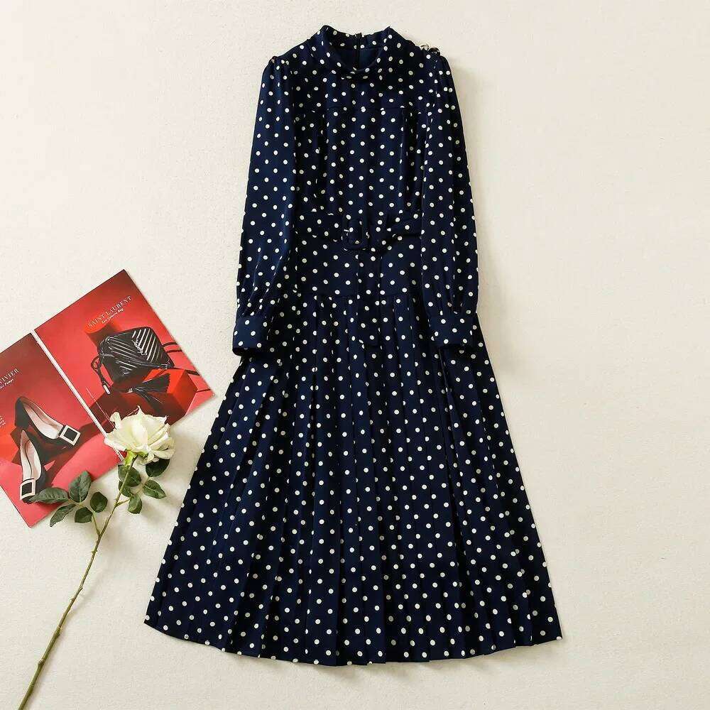 Elegant Fitted Dress Round Neck Long Sleeve Blue Polka Dot Waist-Fitted Women's Clothing New Arrival Spring Summer