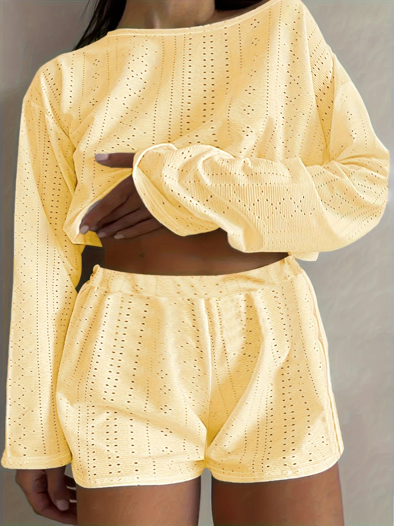 2024 Plus Size Eyelet Casual Shorts Set Crew Neck Long Sleeve Top Outfits Clothing 250603